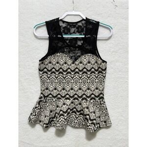 Cute Monde Peplum Tank Top Black‎ Lace Floral Damask Sleeveless Party Blouse